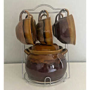 Vintage Ceramic Stoneware Brown Glaze MCM Soup Pot, 6 Hanging Cups & Metal Stand